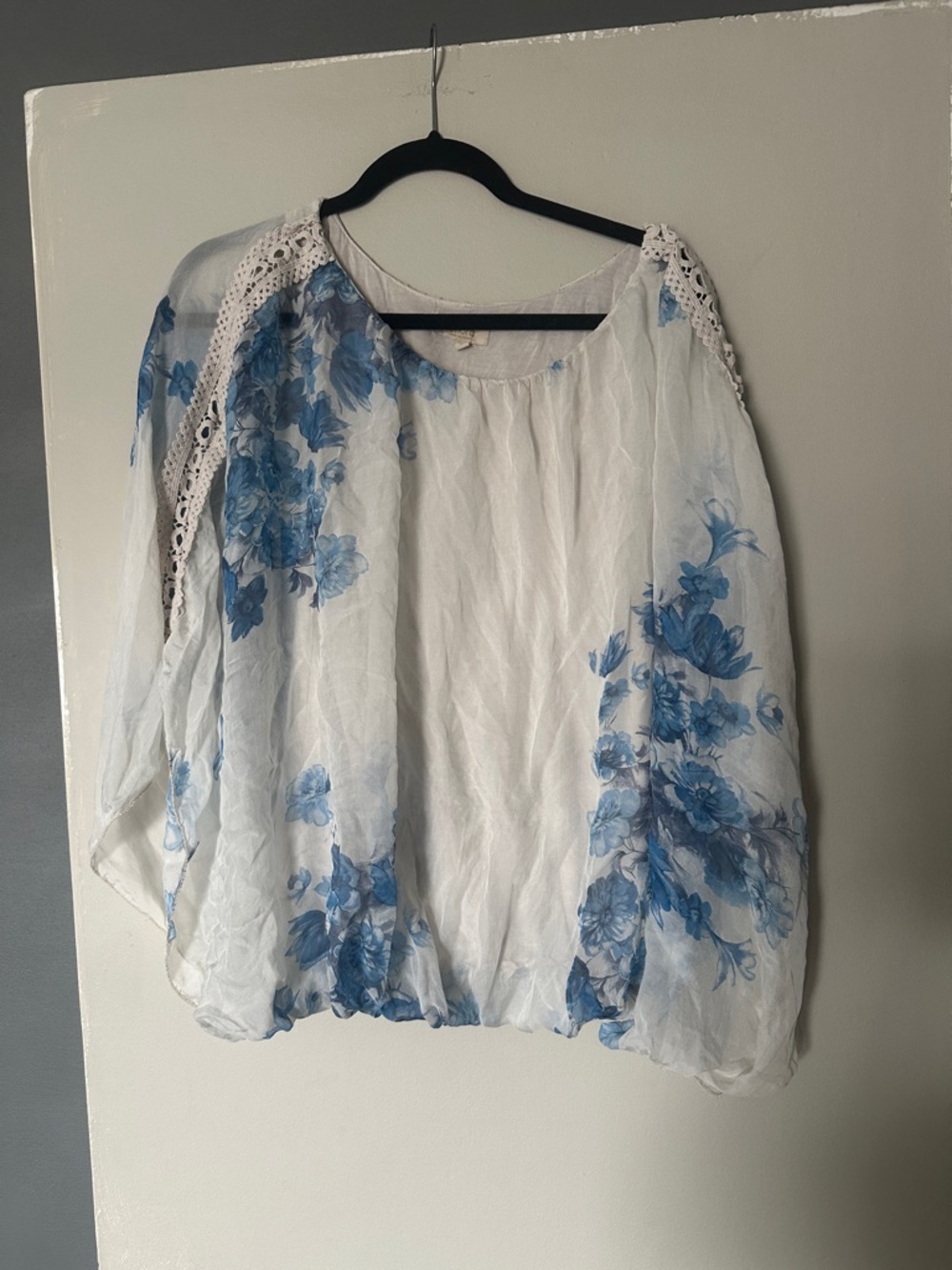 White Blouse with Blue Floral Print and Crochet-Trim Shoulders, silk